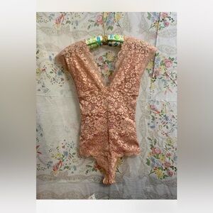 HAH for Free People Elegant Blush Pink Lace Bodysuit